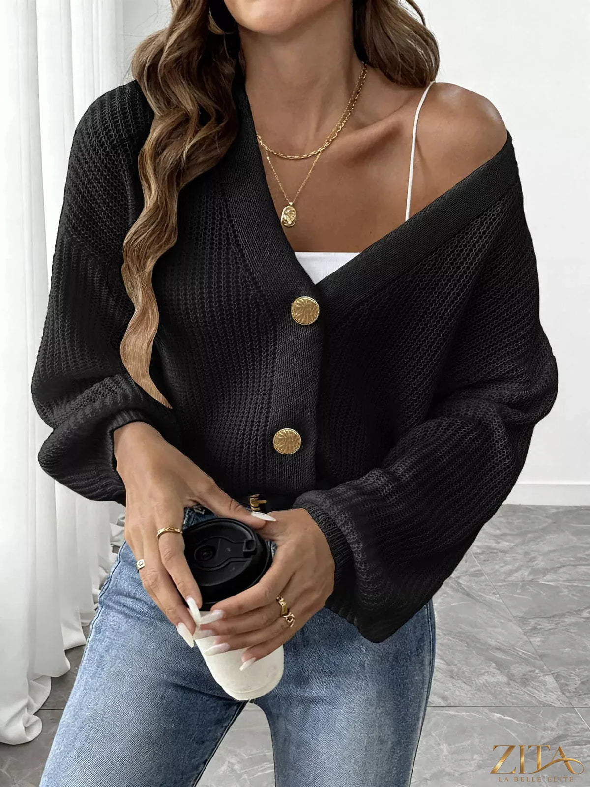 Zita La Belle Elite elegant V-neck button-down ribbed knit cardigan, showcasing its stylish design and textured fabric.