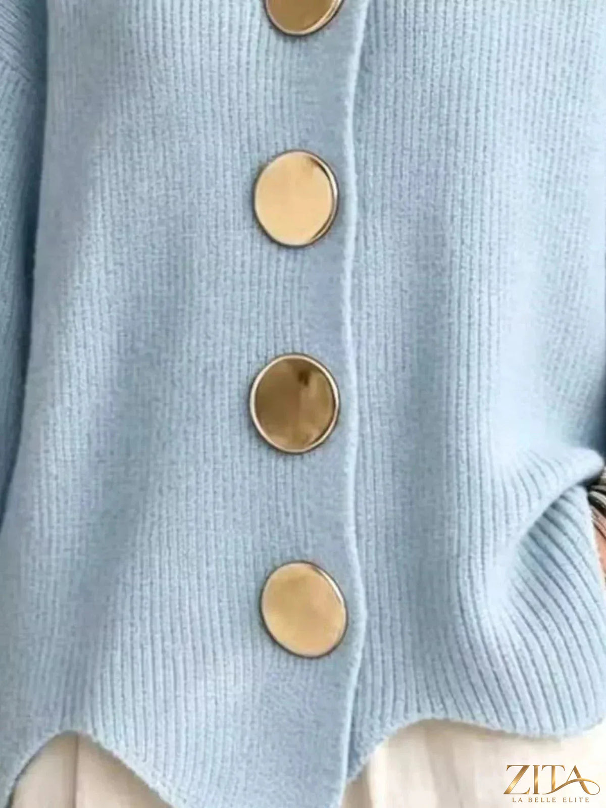 Plus size ribbed knit cardigan by Zita La Belle Elite with gold buttons, showcasing the full front view and textured fabric.