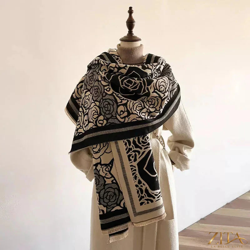Zita La Belle Elite rose pattern raw hem silk scarf featuring floral designs and frayed edges for a stylish, elegant accessory.