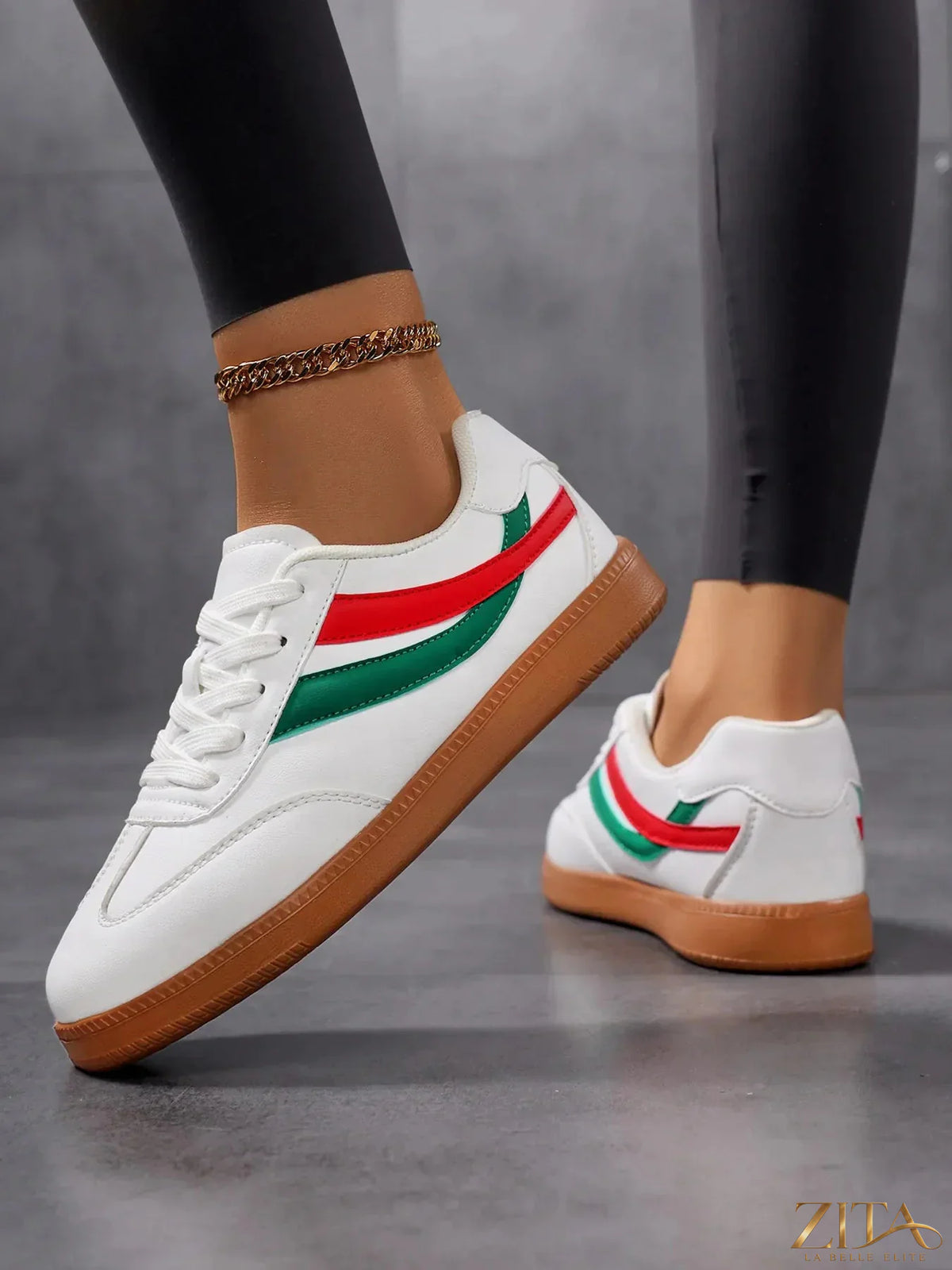 Zita La Belle Elite lace-up flat sneakers with stripe accent, white and navy casual footwear for women.