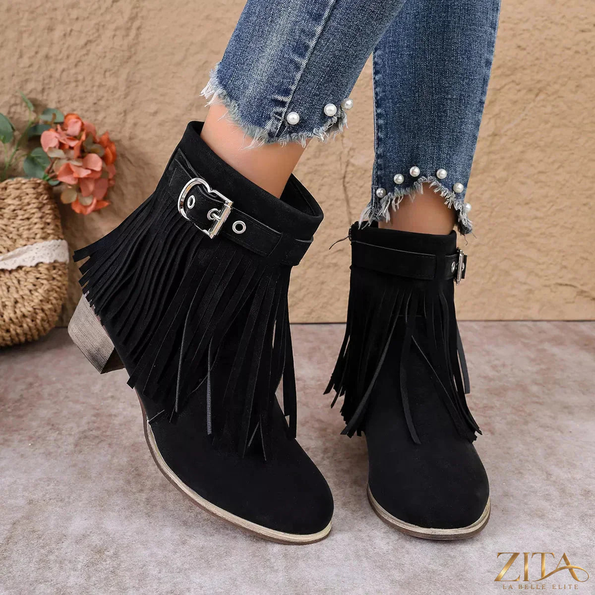 Zita La Belle Elite fringe ankle boots with buckle detail, showcasing stylish leather design and decorative fringe accents.