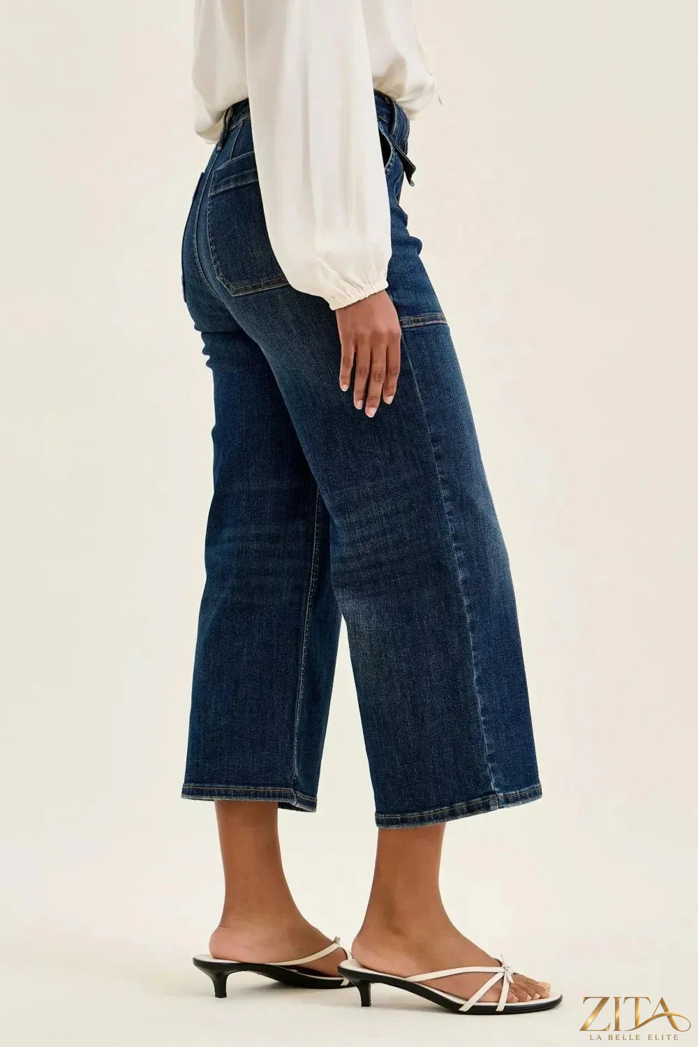 Zita La Belle Elite Judy Blue high waist wide crop utility jeans with patch pockets, styled with a casual, trendy look.