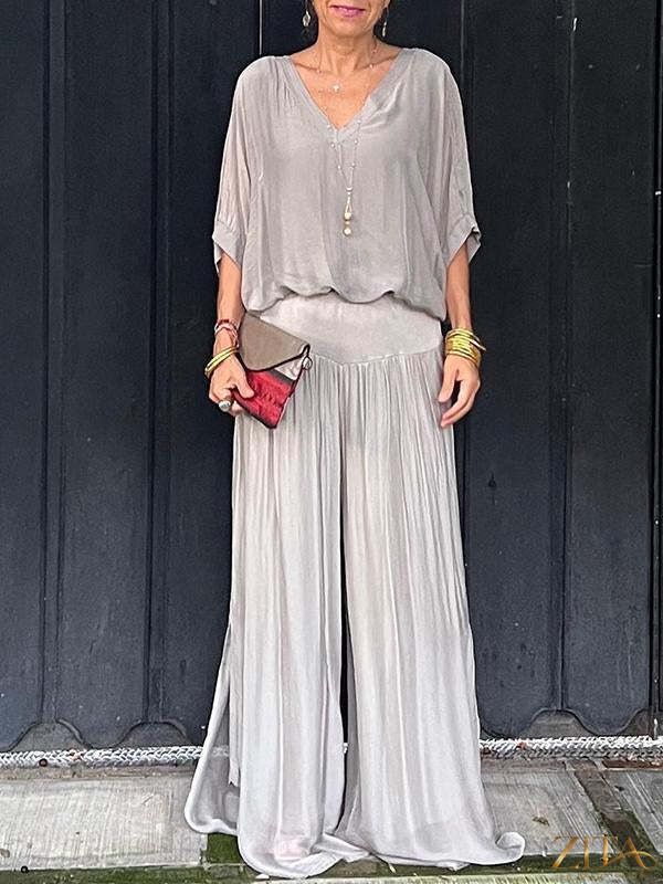 Solid-color chiffon two-piece casualwear set by Zita La Belle Elite, featuring a flowing top and matching pants in various colors.