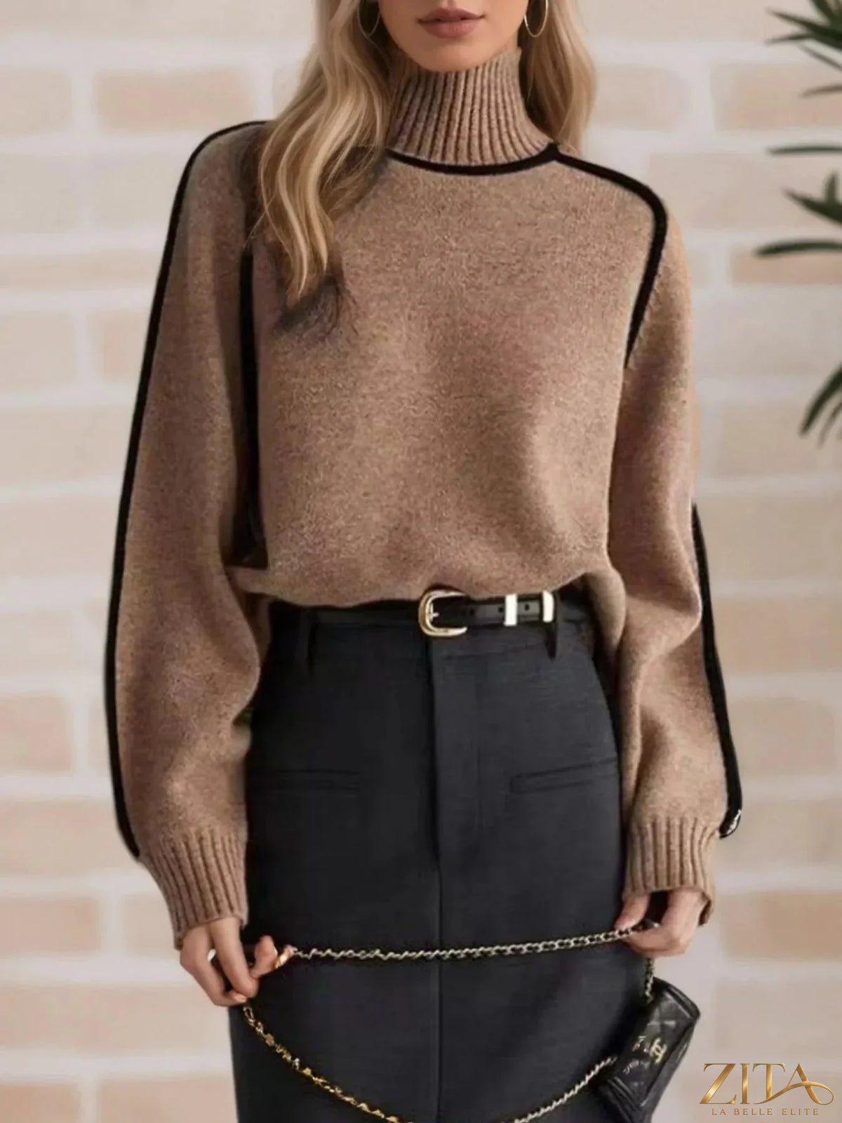 Zita La Belle Elite contrast trim turtleneck sweater in cozy knit with color-blocked design and ribbed collar and cuffs.
