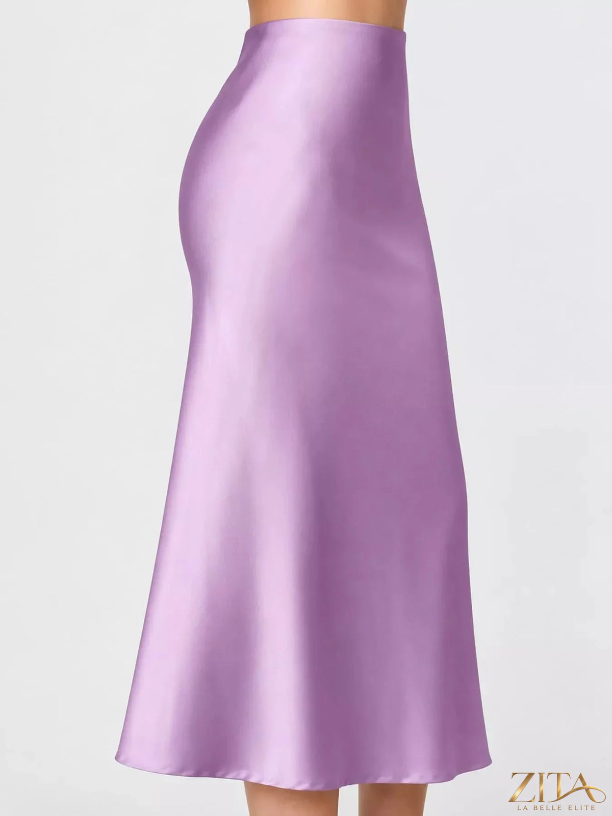 High-waisted satin midi skirt by Trendsi displayed on a hanger with a smooth, shiny fabric and elegant silhouette.