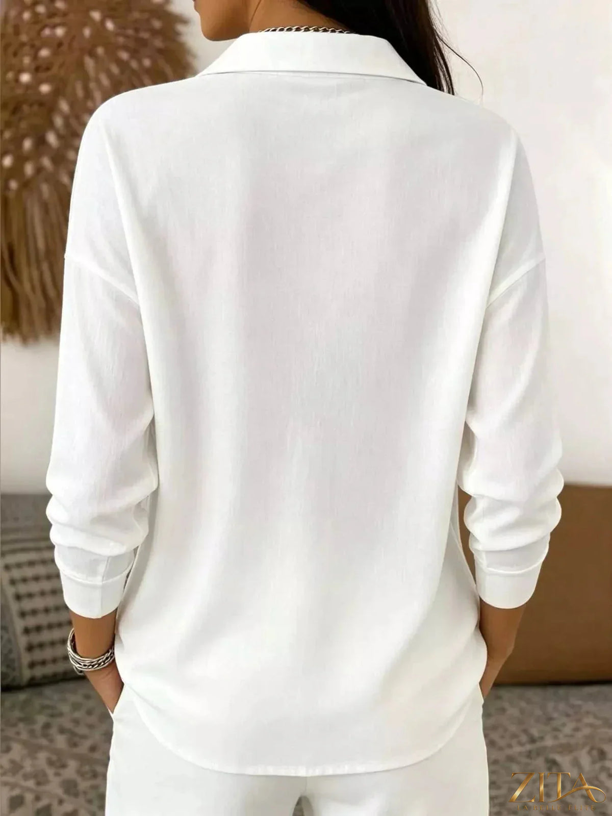Zita La Belle Elite waffle knit snap-down blouse in soft fabric, featuring a collared front and button closures.