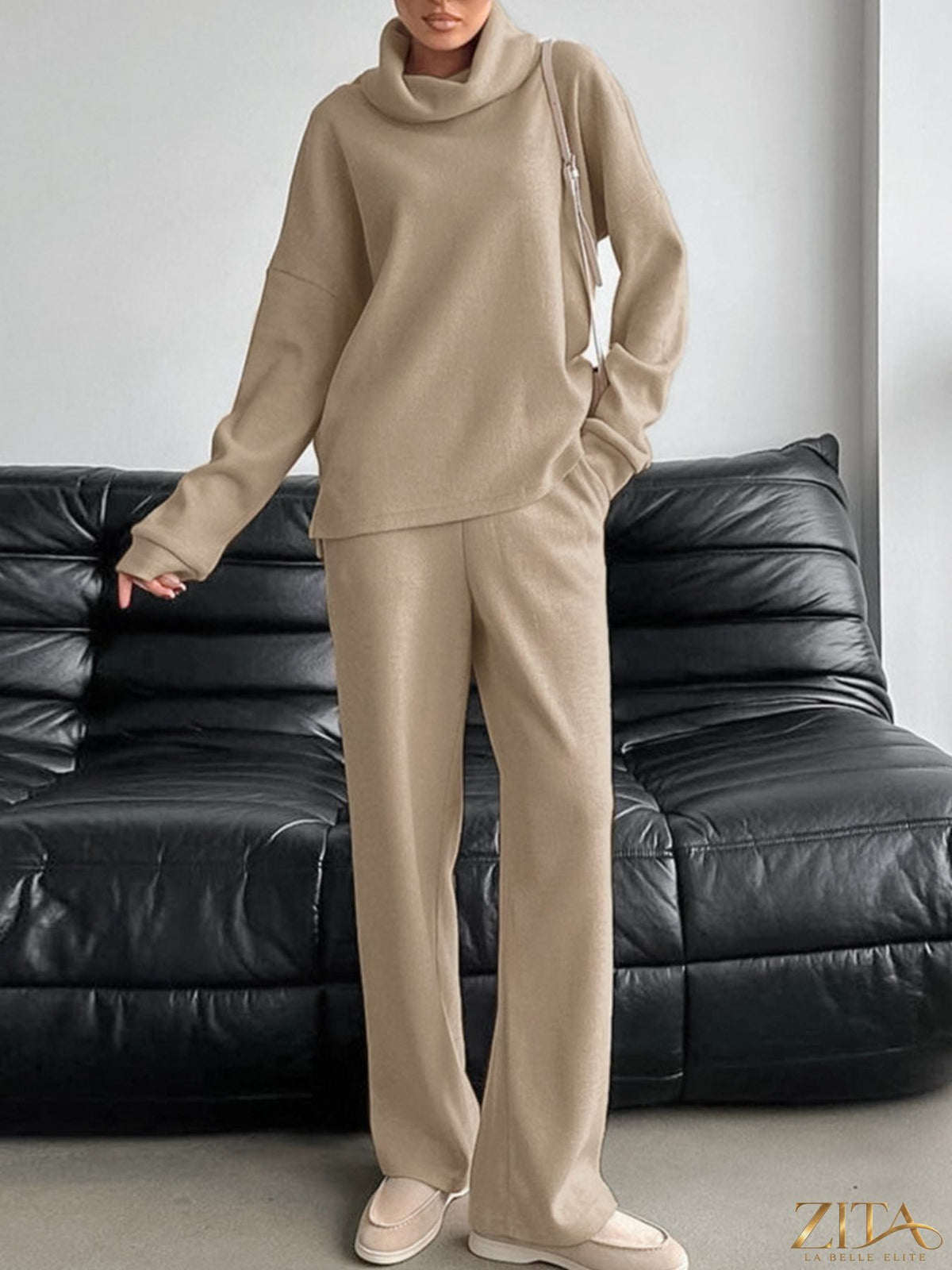 Trendsi turtleneck long sleeve top and matching pants set in soft fabric, featuring a fitted silhouette and classic style.