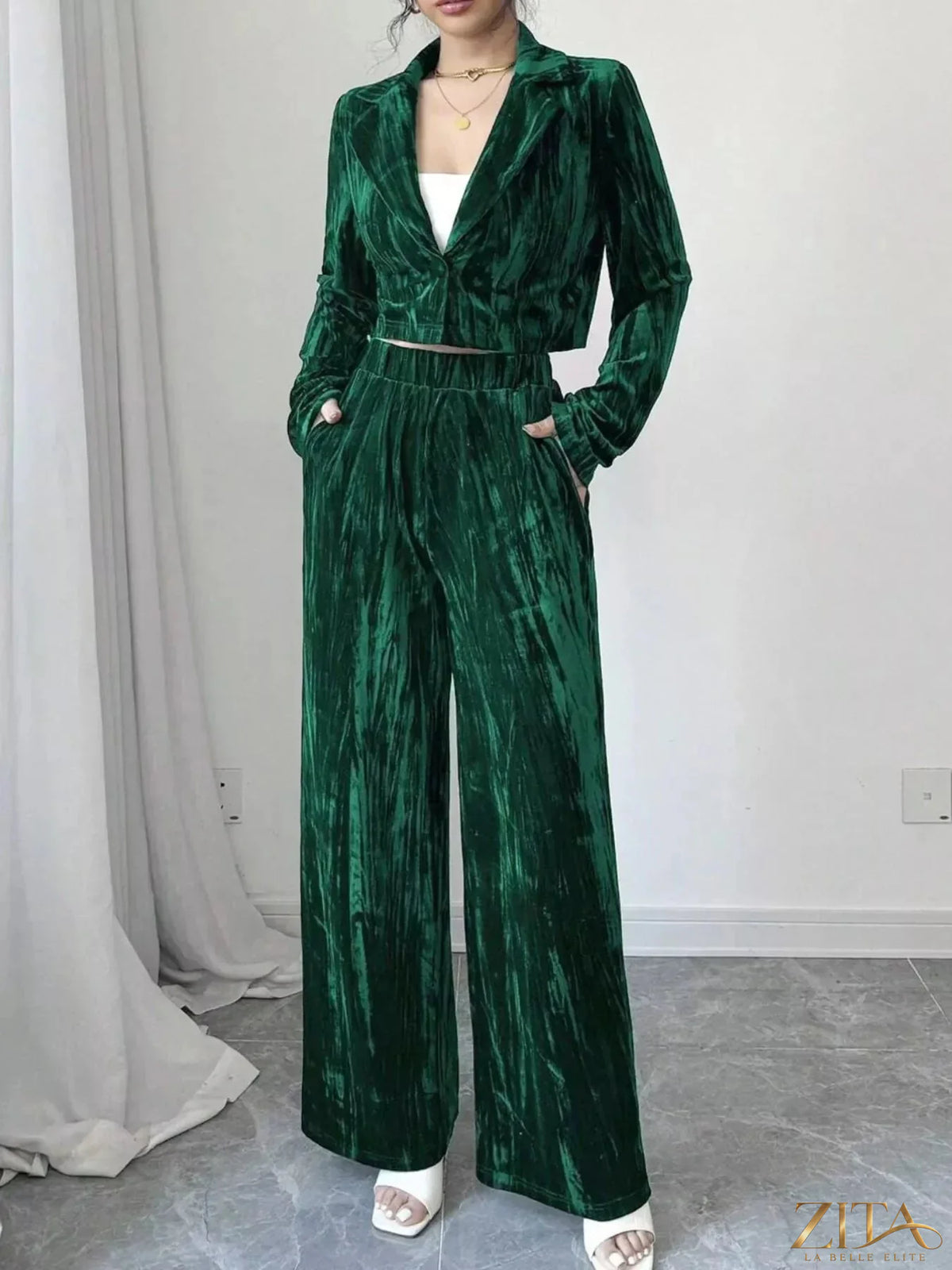 Zita La Belle Elite pleated velvet blazer and wide-leg pants set, featuring a sophisticated tailored design in rich velvet fabric.