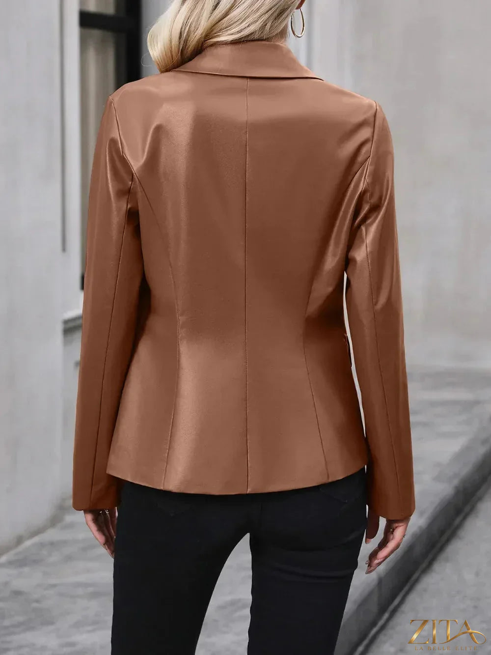 Zita La Belle Elite Ivy Lane button-up blazer with collared neck, tailored fit, in classic neutral fabric, front view.