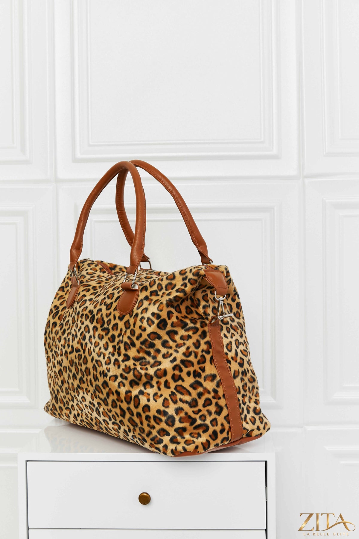 Zita La Belle Elite animal print brushed weekender bag with black handles and zipper closure, stylish travel accessory