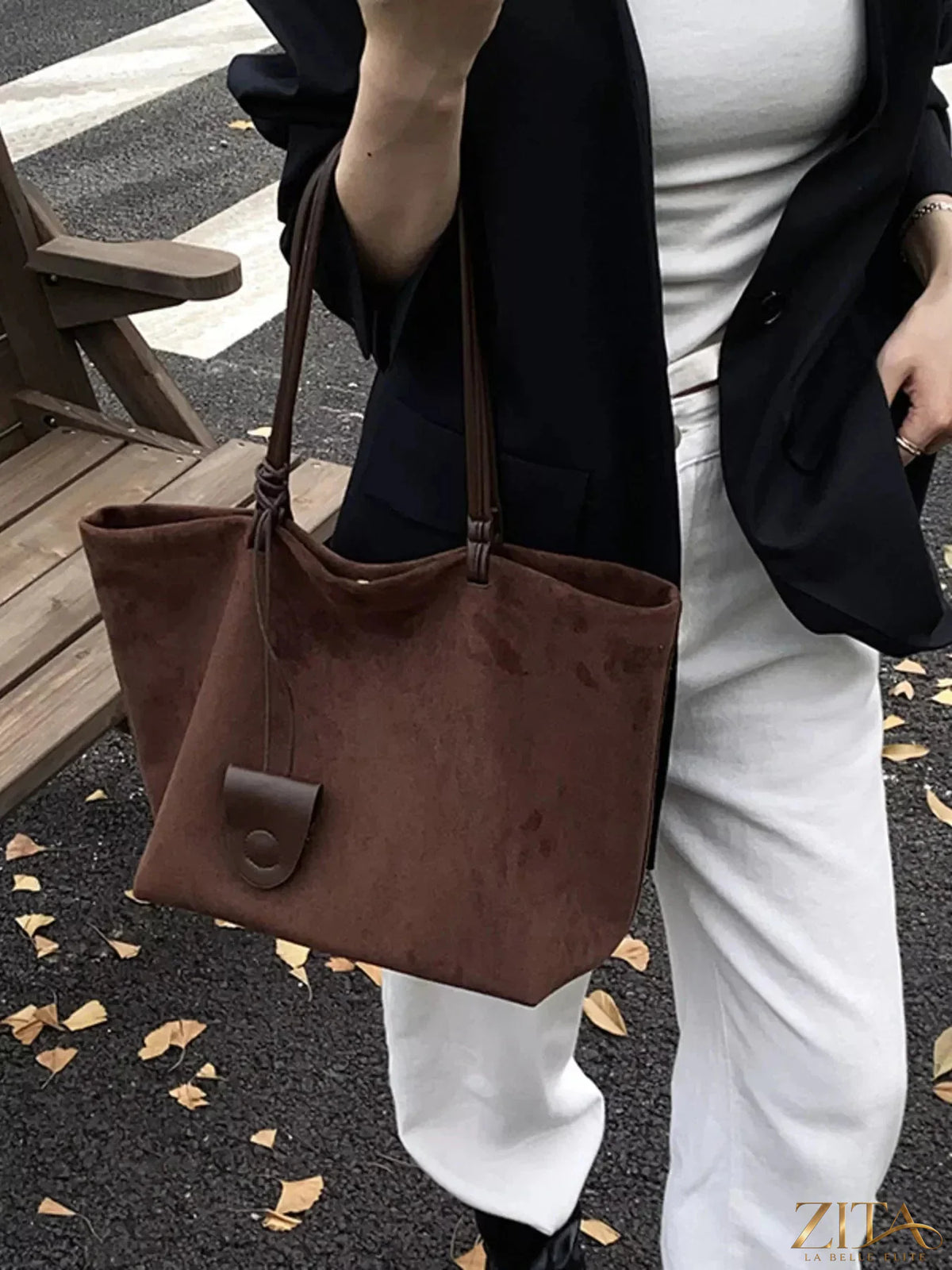Zita La Belle Elite classic suede tote bag with sturdy handles and spacious interior on a plain background.