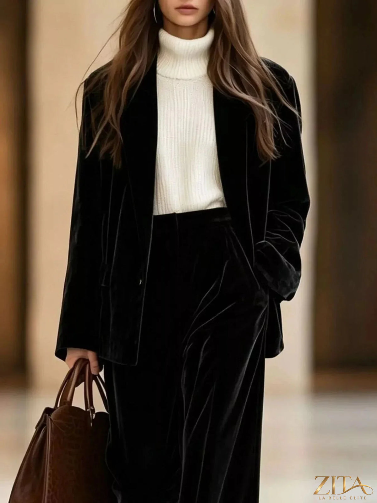 Zita La Belle Elite velvet blazer and wide-leg pants two-piece set, stylish evening outfit with luxurious fabric and tailored fit.