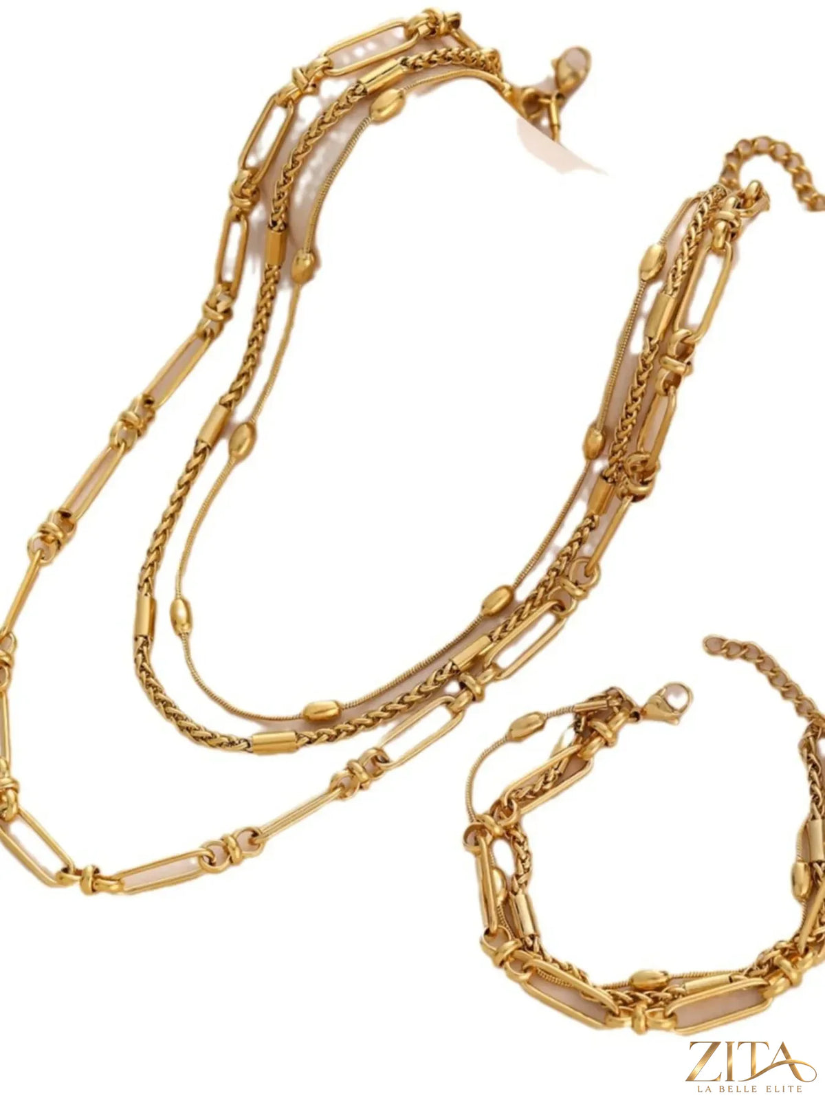18K gold-plated layered chain necklace and bracelet jewelry set with delicate links and stylish design.
