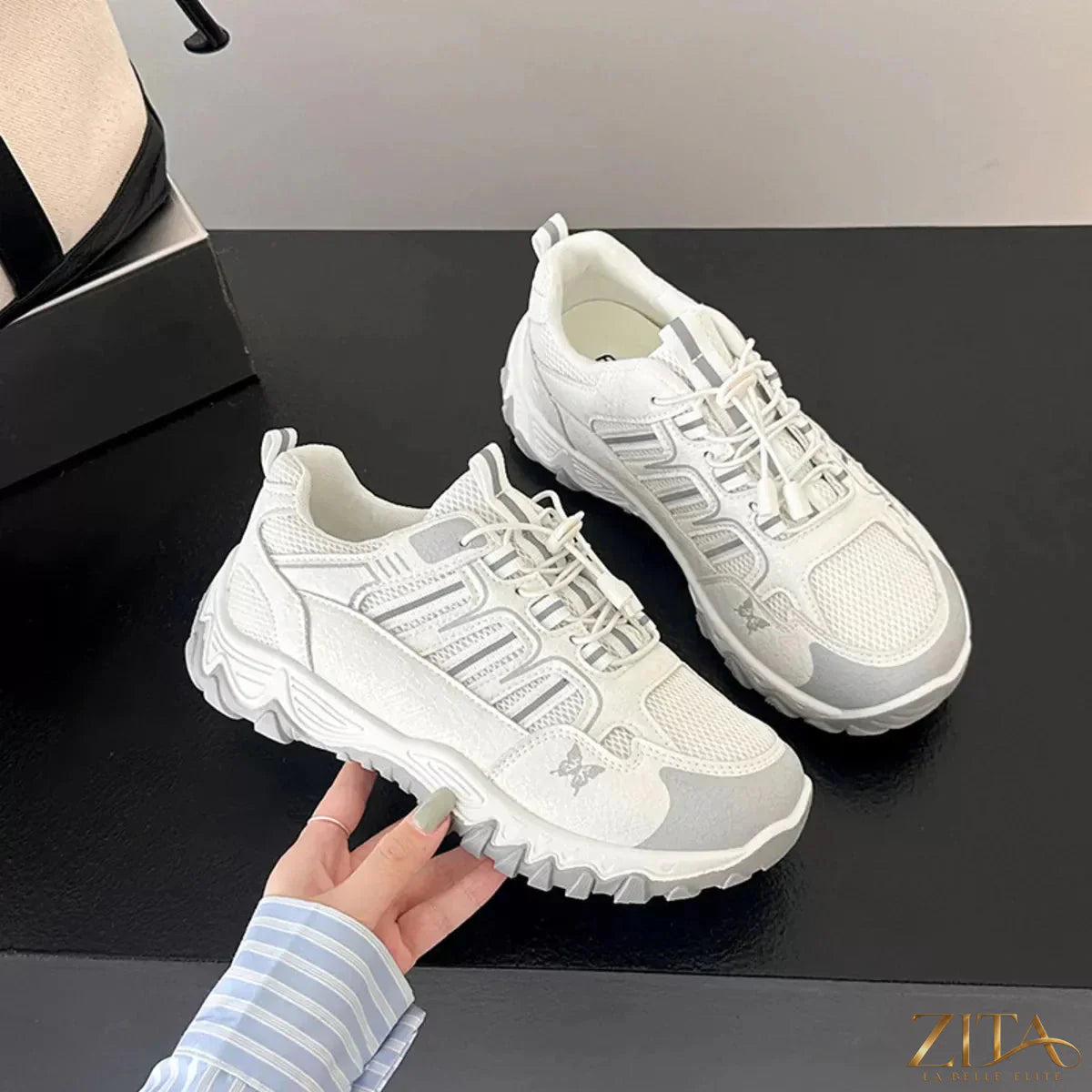 Zita La Belle Elite round toe lace-up sneakers with white soles and stylish design, perfect for casual wear.