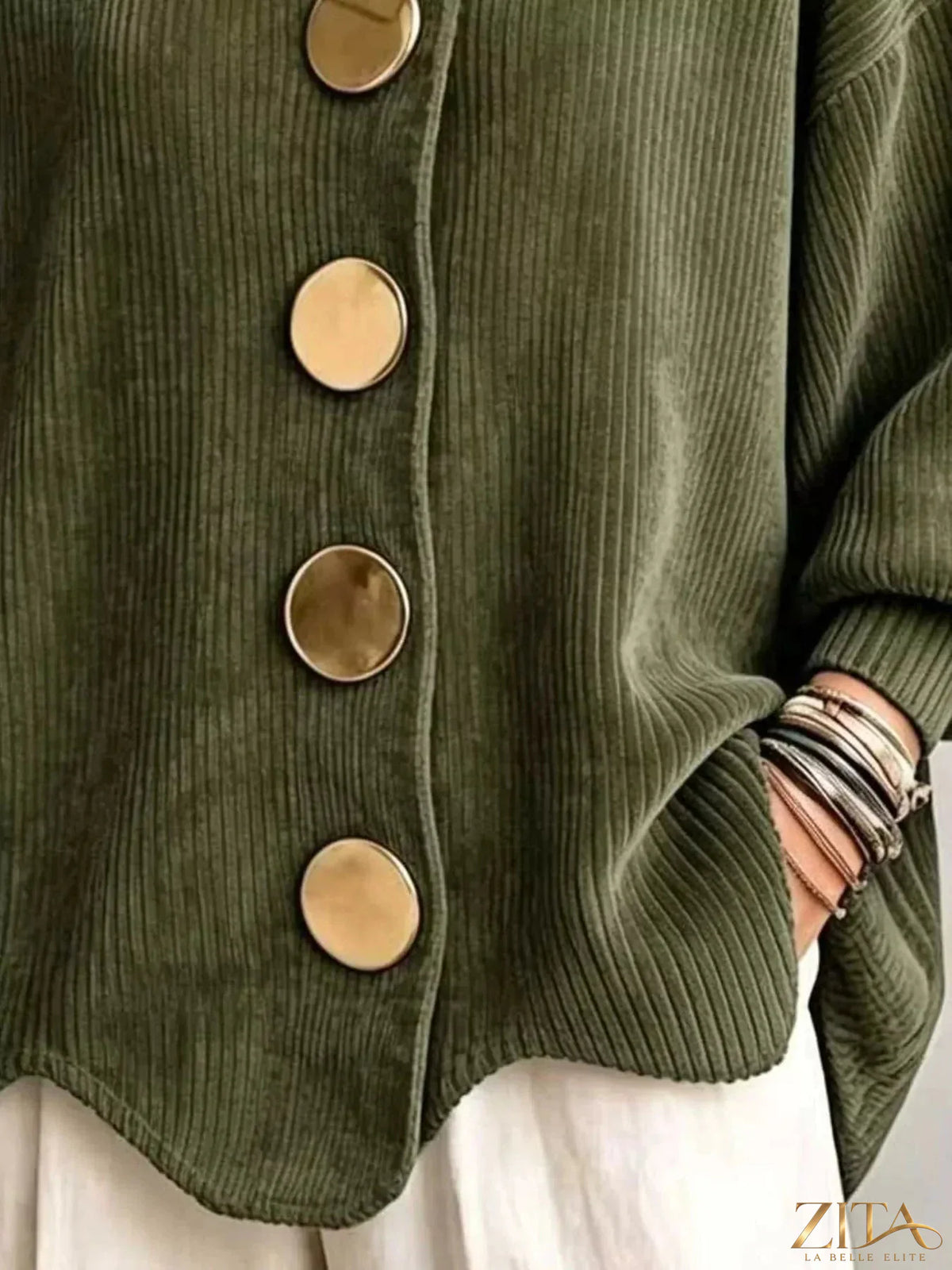 Plus size ribbed knit cardigan with gold buttons from Zita La Belle Elite, shown in full size on a neutral background.