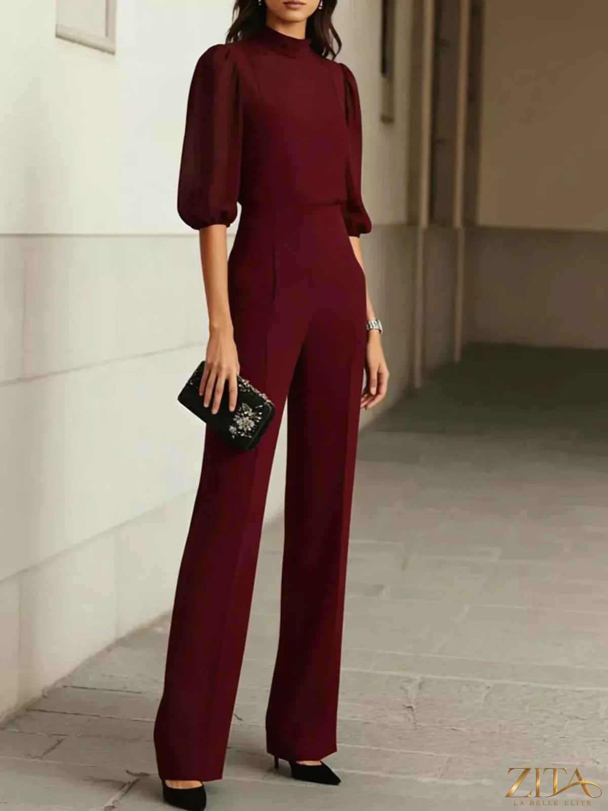 Zita La Belle Elite mock neck puff sleeve top and wide-leg pants set, stylish fashion ensemble, soft fabric and modern design.