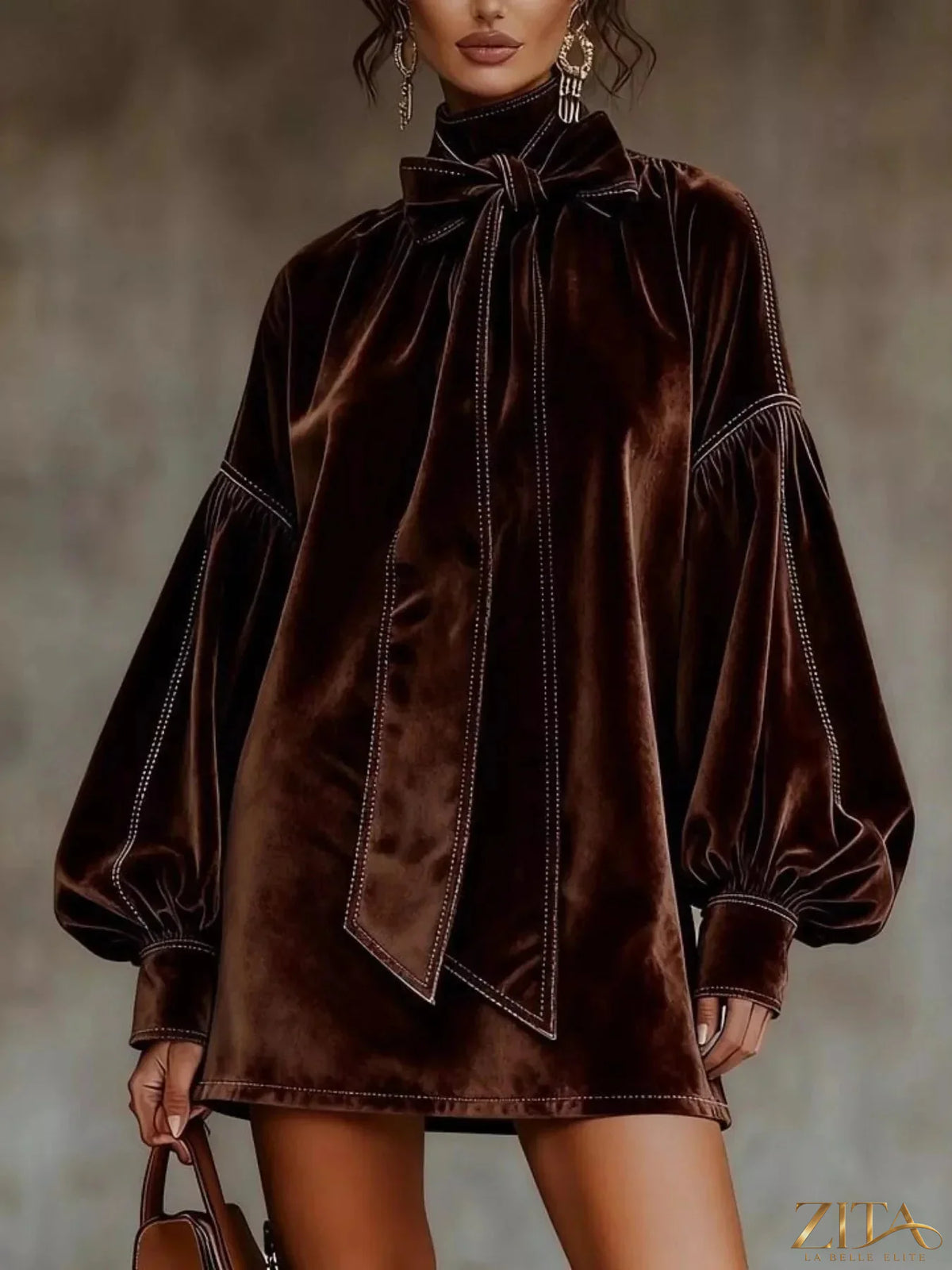 Velvet bow-tie long sleeve mini dress by Zita La Belle Elite, featuring a fitted silhouette and elegant design.