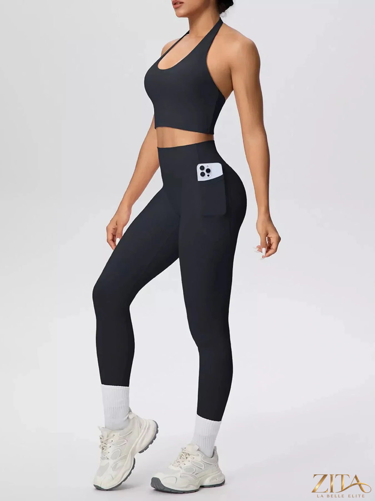 Zita La Belle Elite halter neck crop top and high-waisted leggings active set, fitted and stylish for workout or casual wear.