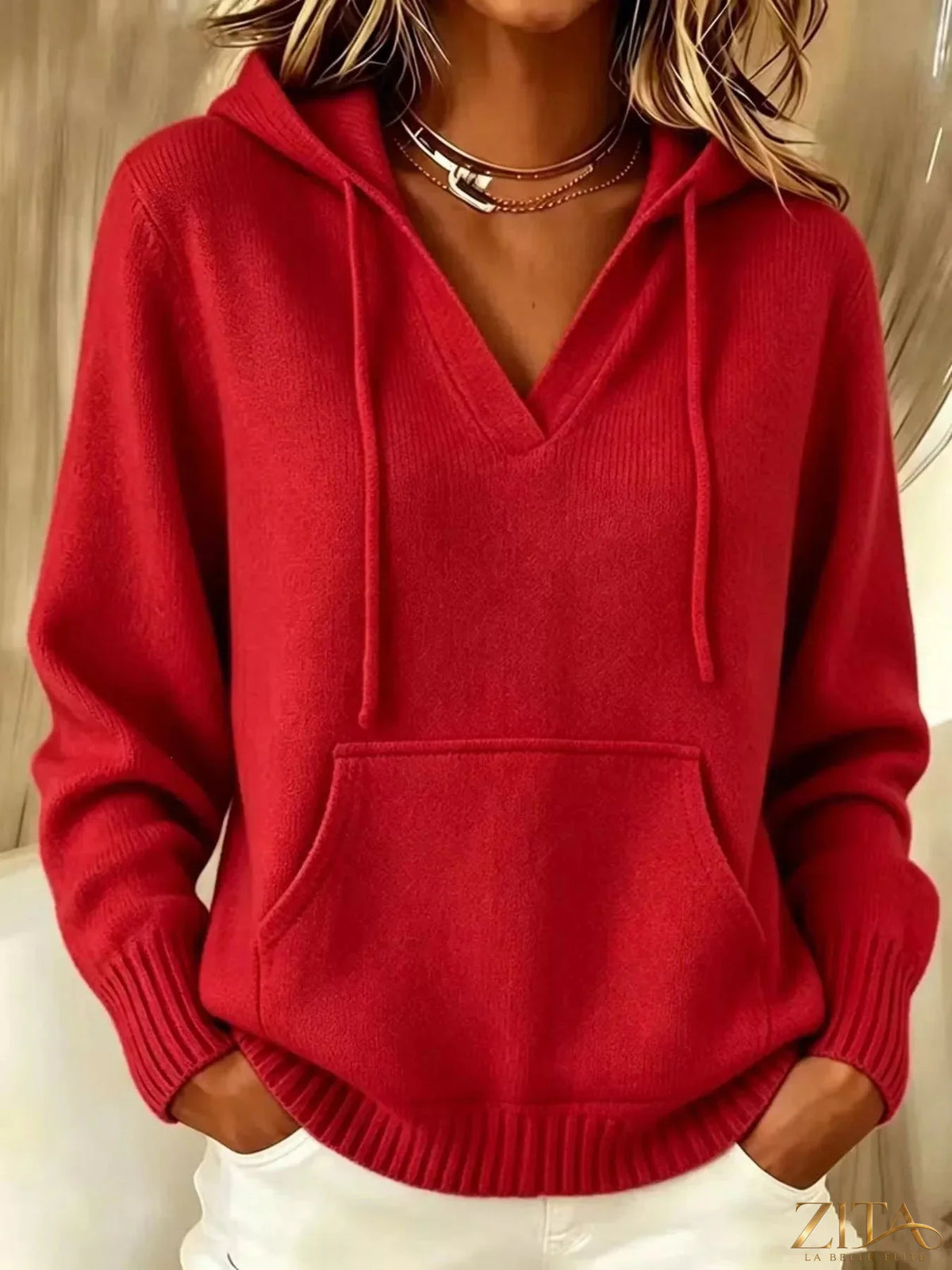 Gray Kangaroo Pocket Hooded Sweater by Trendsi, featuring a front kangaroo pocket, hood, and casual fit.