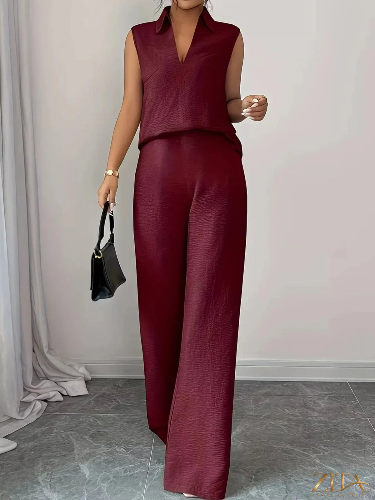 Zita La Belle Elite sleeveless top and wide-leg pants set in stylish fabric, shown on a mannequin.