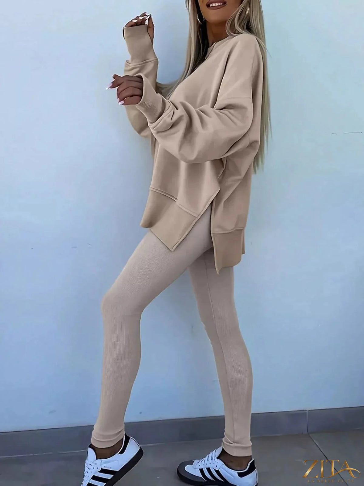Zita La Belle Elite solid color oversized slit sweatshirt and ribbed leggings 2-piece set, showing the relaxed fit and comfortable fabric.