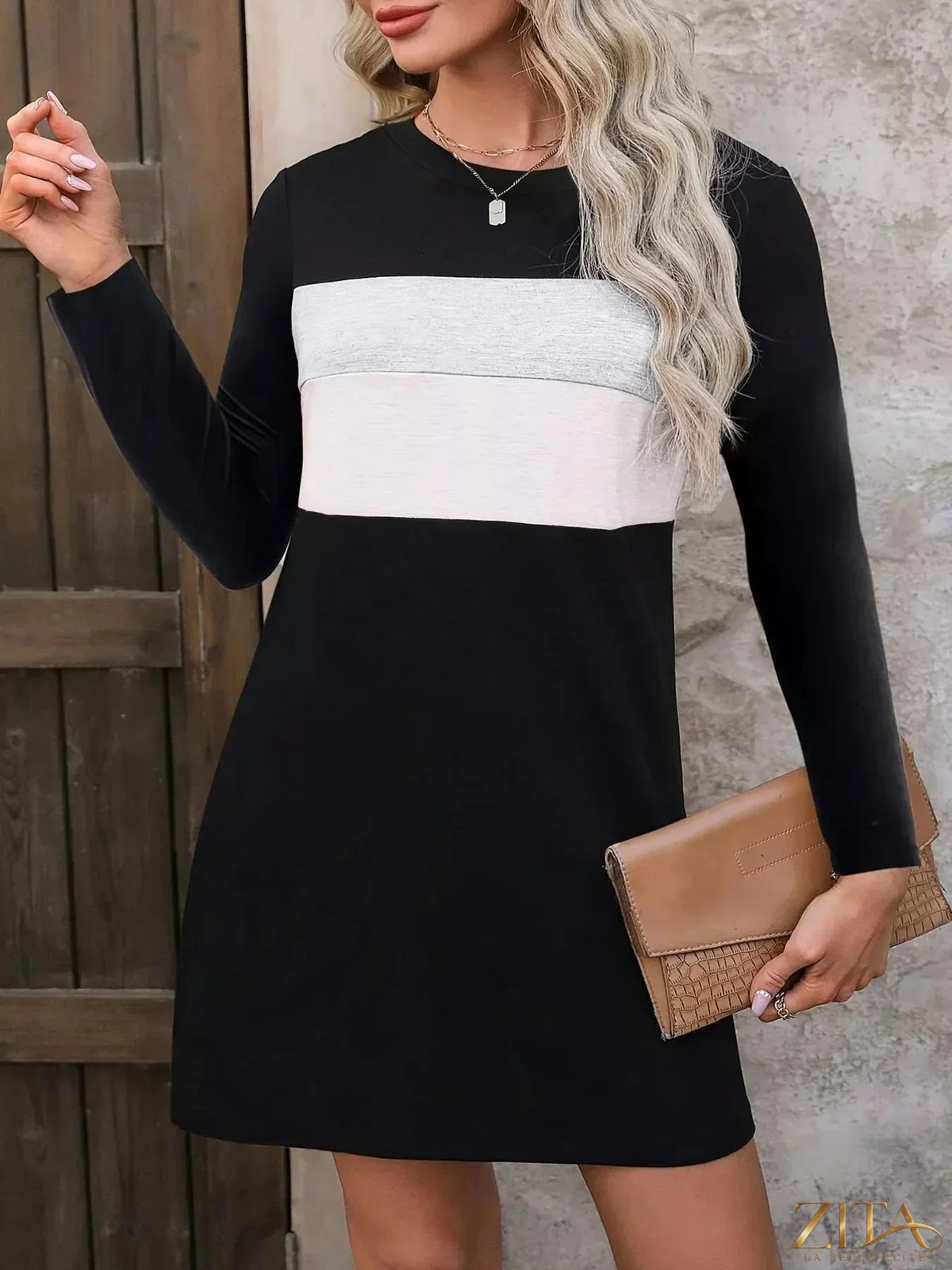Plus size color block long sleeve casual mini dress by Zita La Belle Elite, featuring a stylish color block design and comfortable fit.
