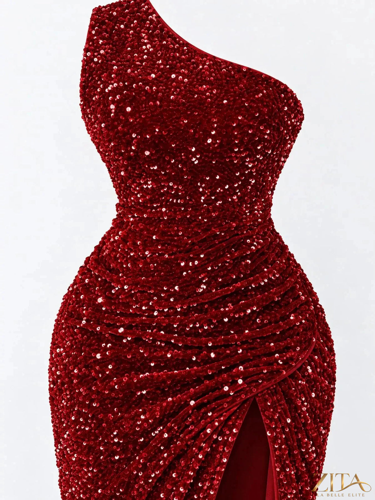 Zita La Belle Elite one-shoulder ruched sequin evening dress with high slit, elegant and glamorous for formal occasions.