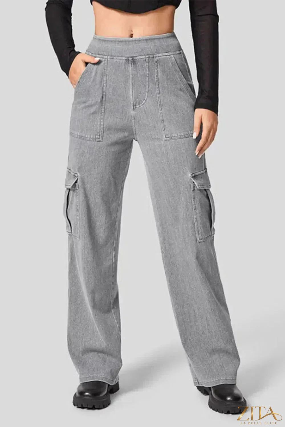 Zita La Belle Elite high waist straight leg cargo jeans shown on a model with front pockets and a classic denim look.