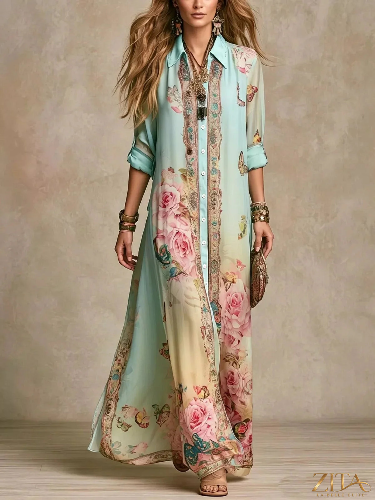 Plus size floral print button-down maxi shirt dress by Zita La Belle Elite, shown in full size with vibrant floral pattern.