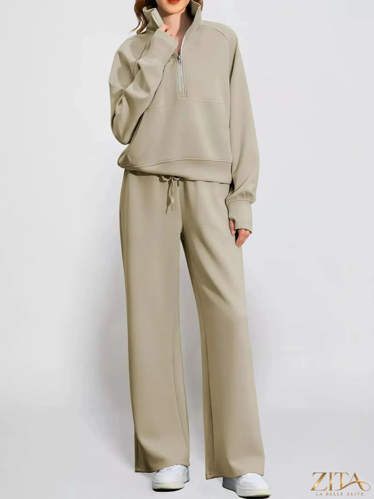 Zita La Belle Elite half-zip sweatshirt and wide-leg pants set in soft fabric, shown in a stylish casual outfit.