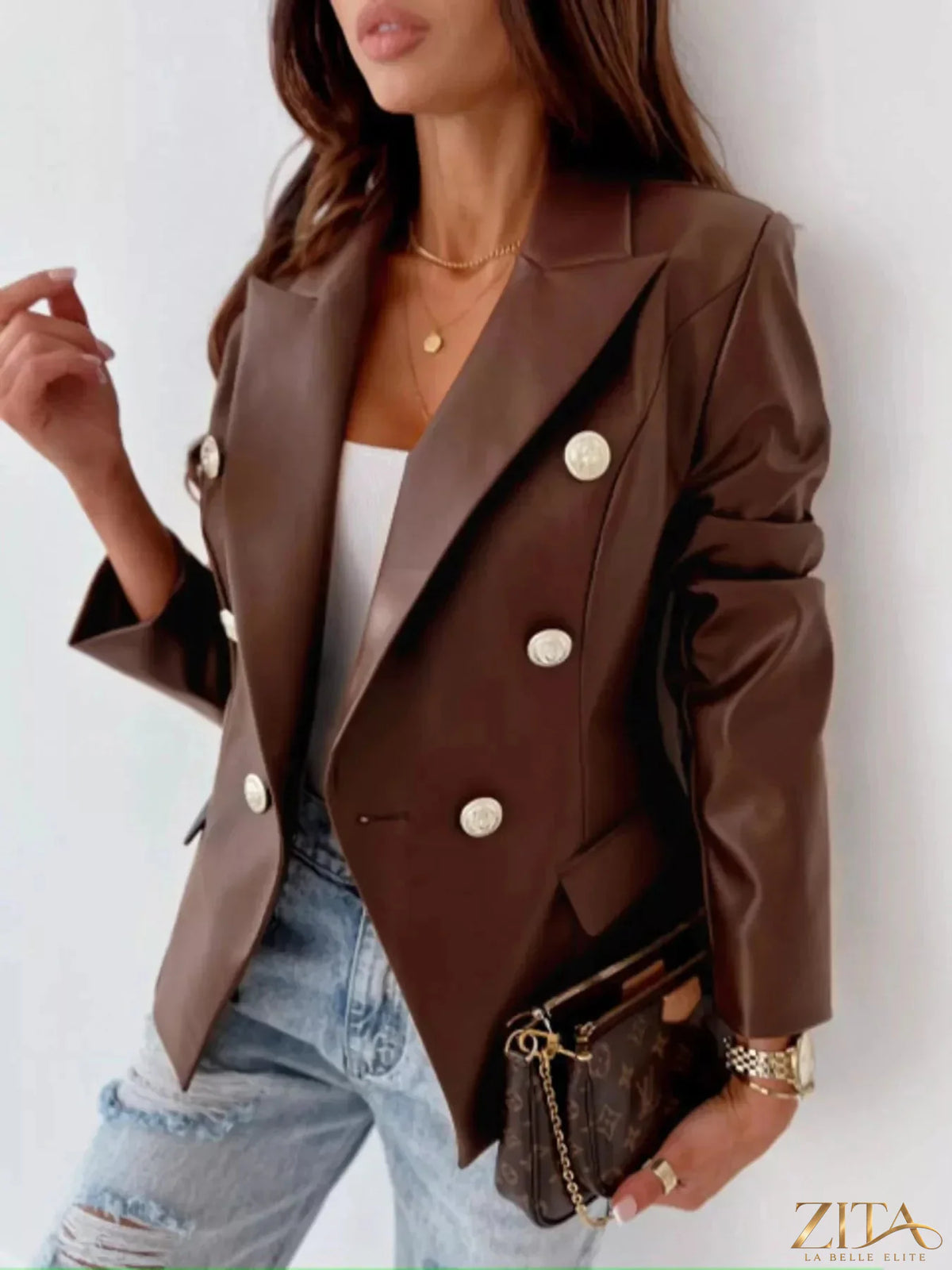 Zita La Belle Elite leather blazer with lapel collar, tailored fit, and stylish design, shown on a mannequin.