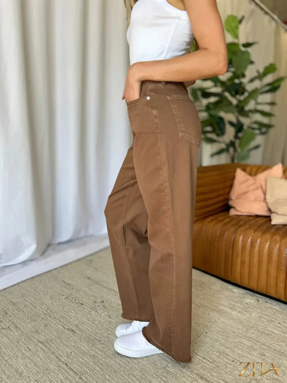 Zita La Belle Elite RFM full size high rise garment dye wide leg jeans, showing the relaxed fit and deep blue denim fabric.