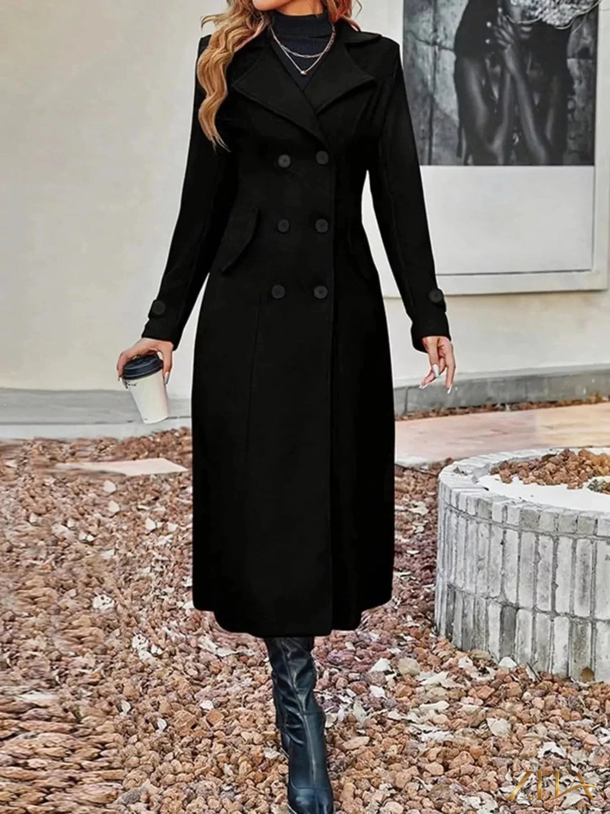 Plus size Zita La Belle Elite longline double-breasted trench coat with classic design and tailored fit, shown in a full-length view.
