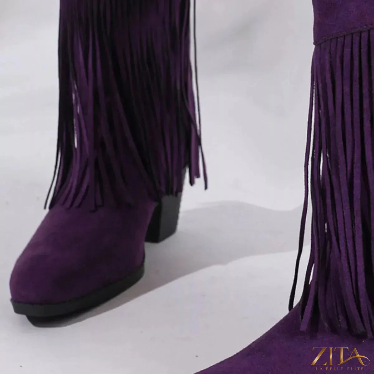 Zita La Belle Elite fringe round toe block heels boots with stylish design and textured finish, perfect for fashionable footwear.