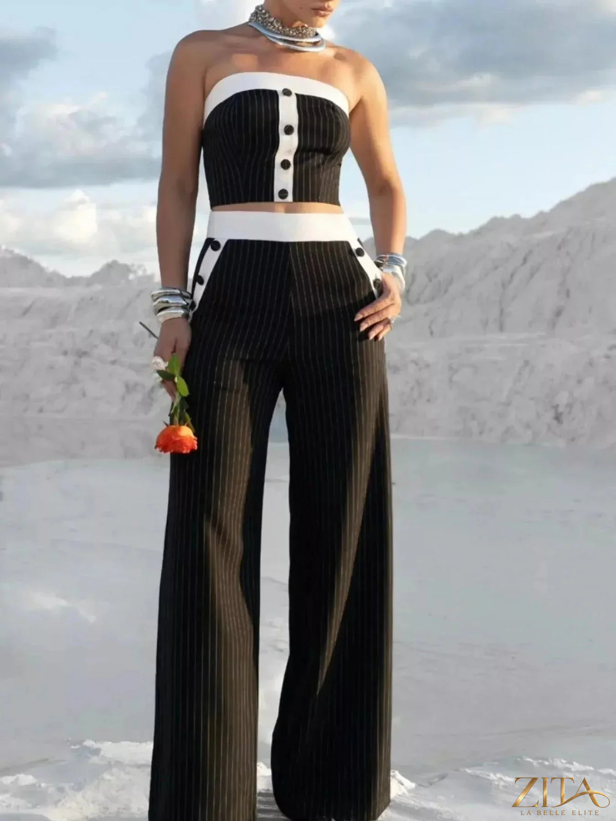 Zita La Belle Elite striped strapless crop top and wide-leg pants set displayed on a model, showcasing chic summer fashion.