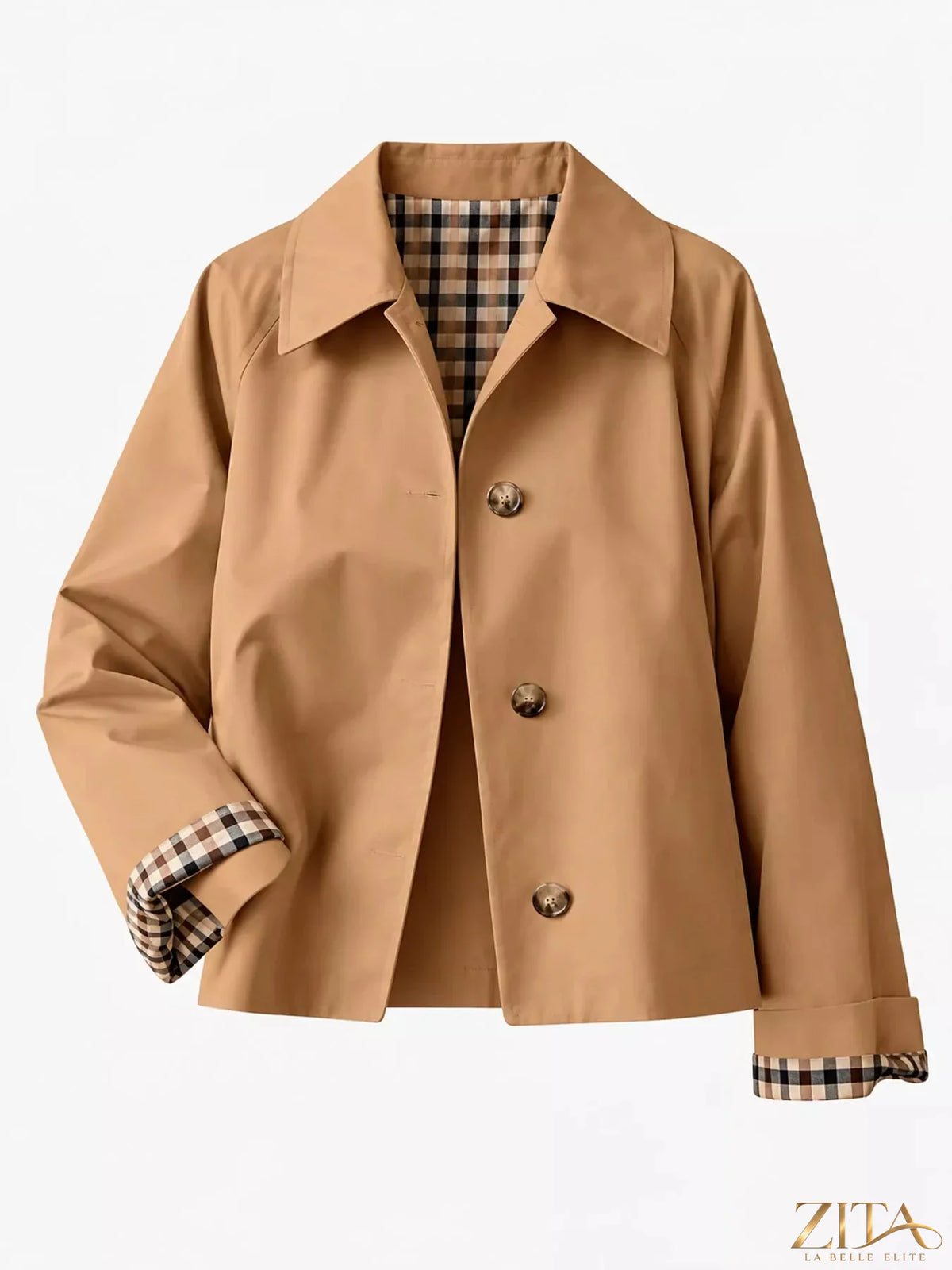 Zita La Belle Elite plaid cuffs cropped trench coat with button details and classic trench silhouette.