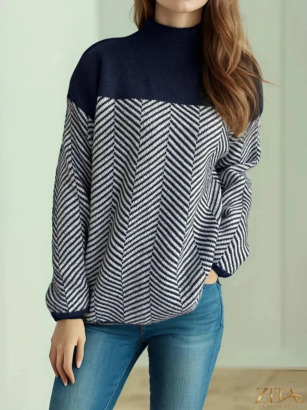 Contrast turtleneck long sleeve sweater by Trendsi, featuring a stylish design with a cozy fit and classic ribbed cuffs.