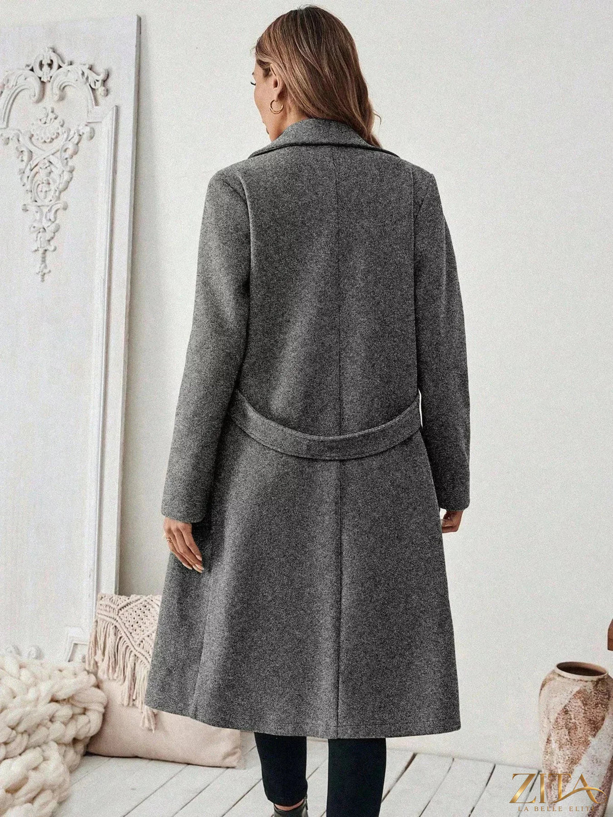 Zita La Belle Elite longline coat with lapel collar, stylish outerwear featuring a sleek design and tailored fit.