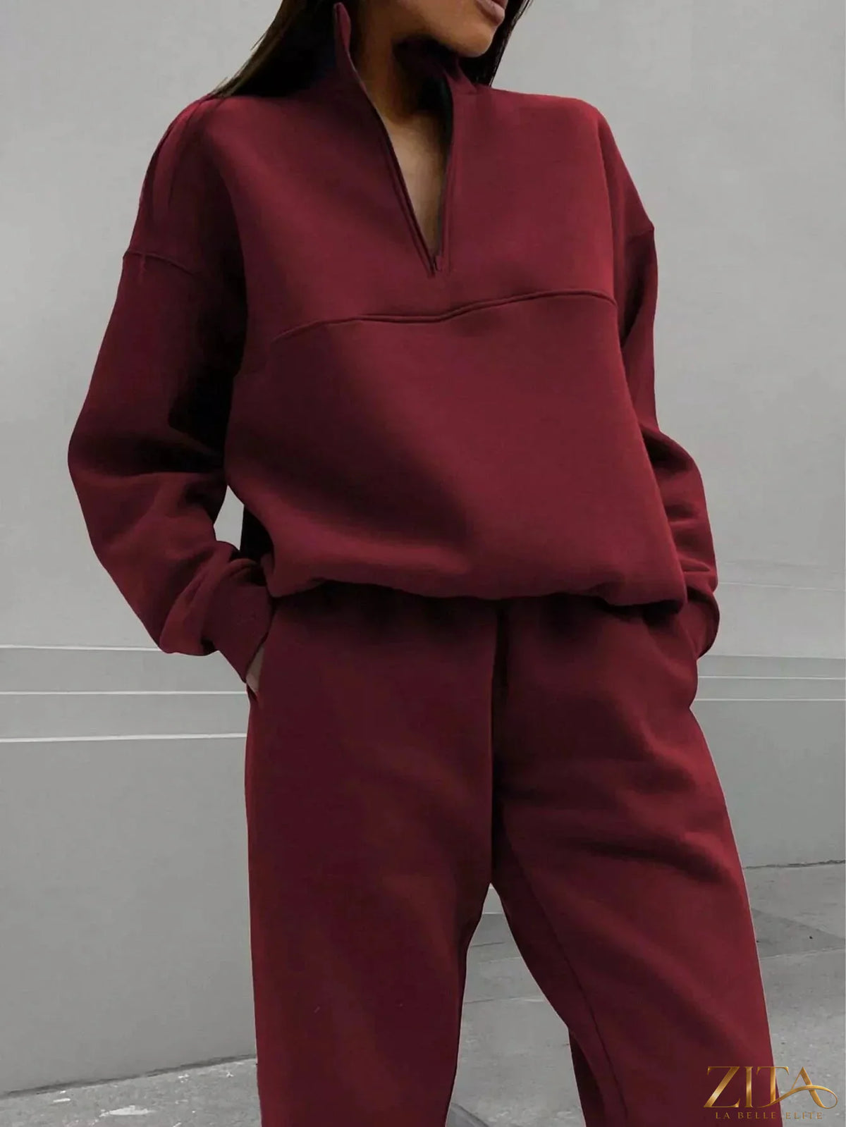 Zita La Belle Elite half zip sweatshirt and matching pants set in soft fabric, shown in a stylish casual wear outfit.