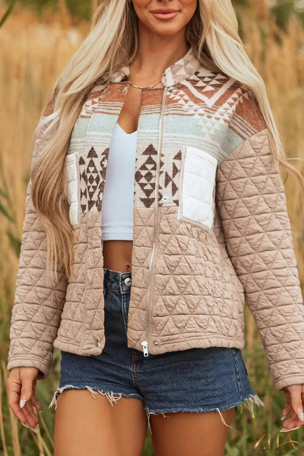 Zita La Belle Elite Aztec quilted patchwork western jacket with intricate patterns and quilted details, stylish and comfortable.