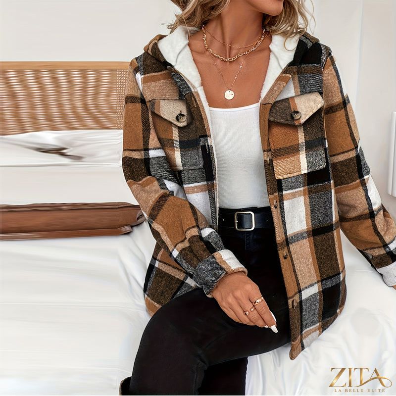 Women's plaid fleece-lined hooded jacket by Zita La Belle Elite, showing the jacket's plaid pattern and cozy fleece interior.
