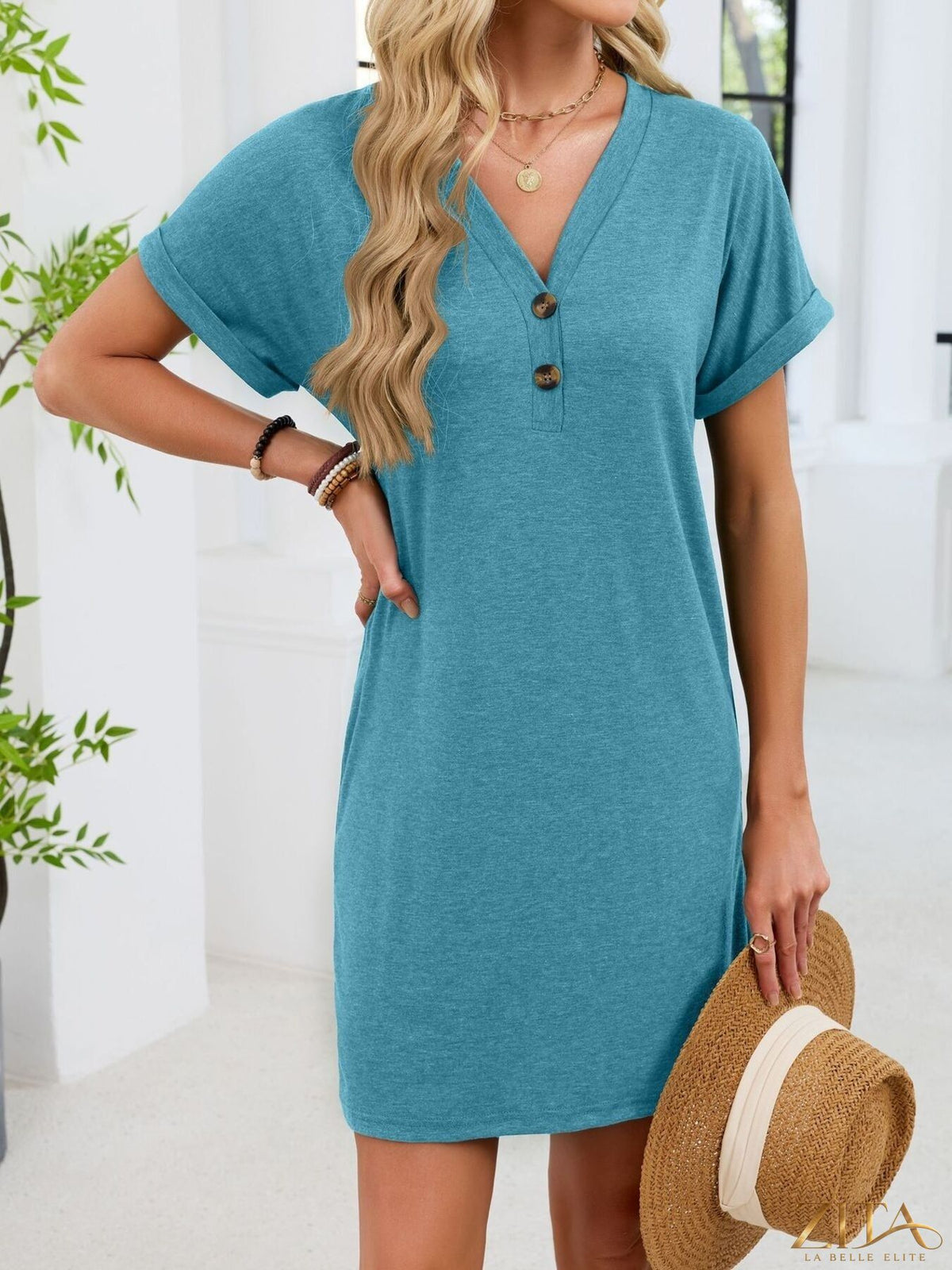 Zita La Belle Elite casual V-neck short sleeve T-shirt dress in soft fabric, shown in a relaxed fit with a simple, stylish design.