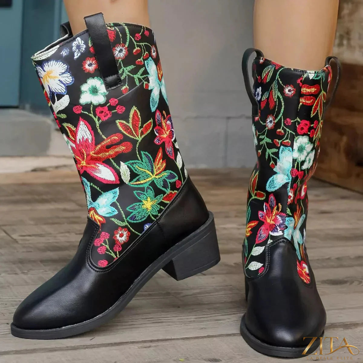 Floral block heel boots by Trendsi featuring a stylish floral pattern and sturdy block heel, perfect for casual or dressy outfits.