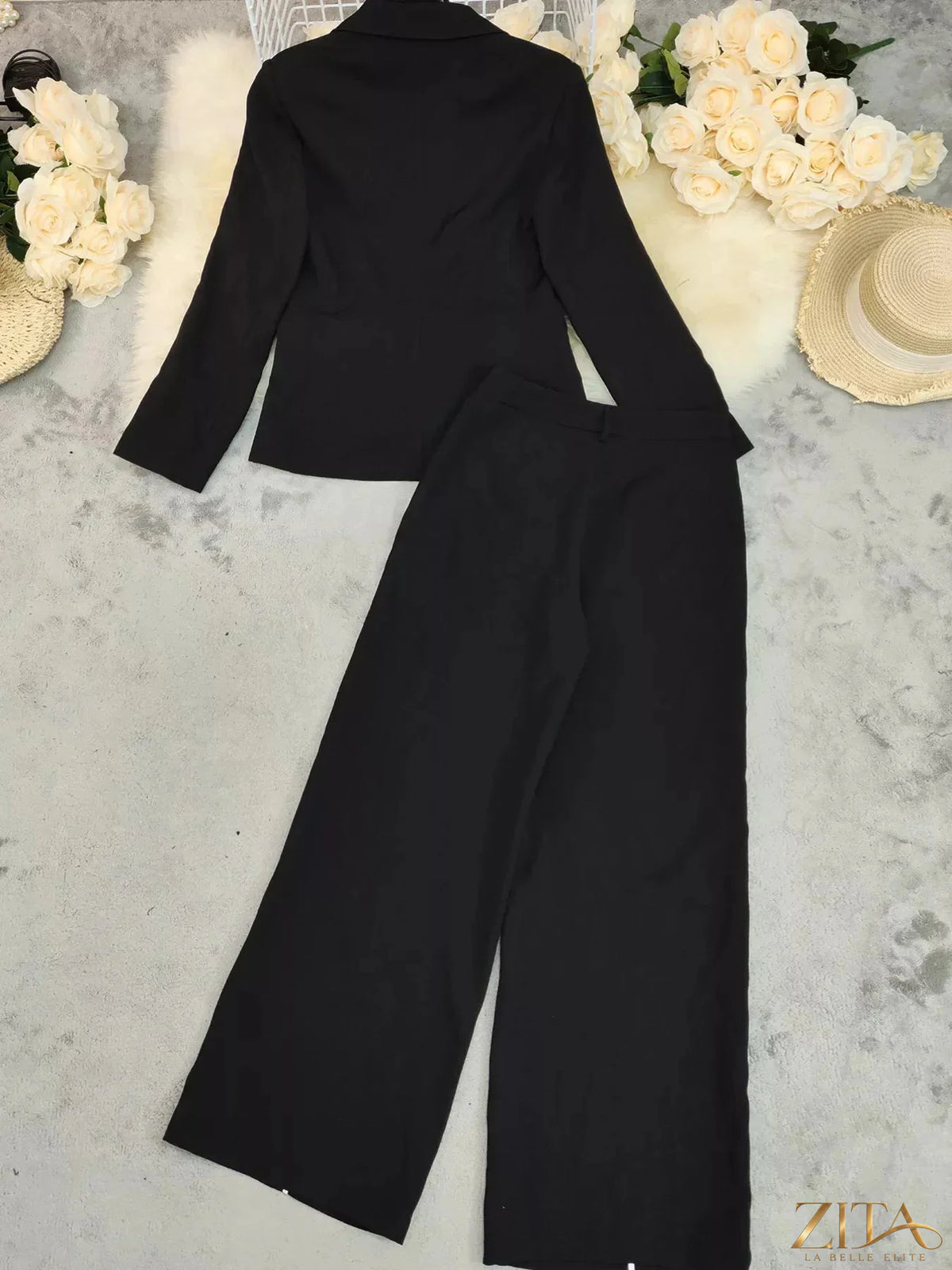 Zita La Belle Elite contrast trim blazer and wide-leg pants set, stylish tailored suit with black and white color blocking.