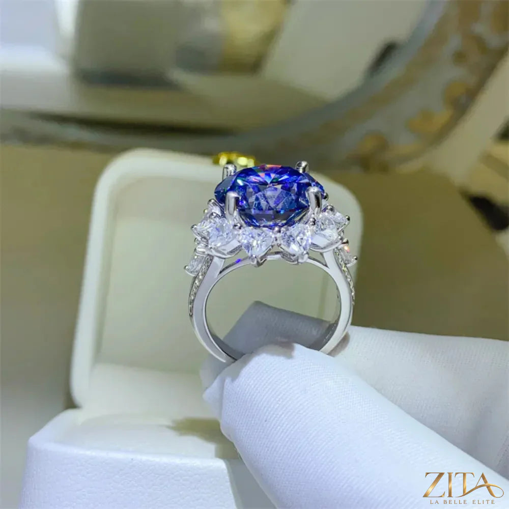 Sterling silver ring with a 10-carat moissanite gemstone, showcasing a sparkling, elegant jewelry design.