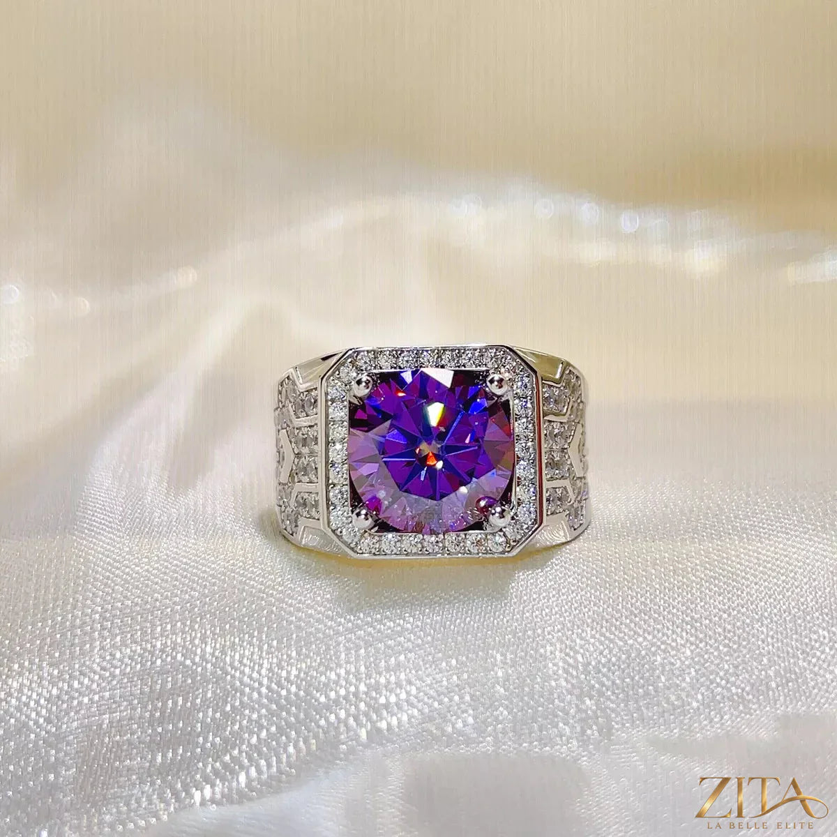 Sterling silver moissanite ring with a 5-carat gemstone, showcasing sparkling brilliance and elegant design.