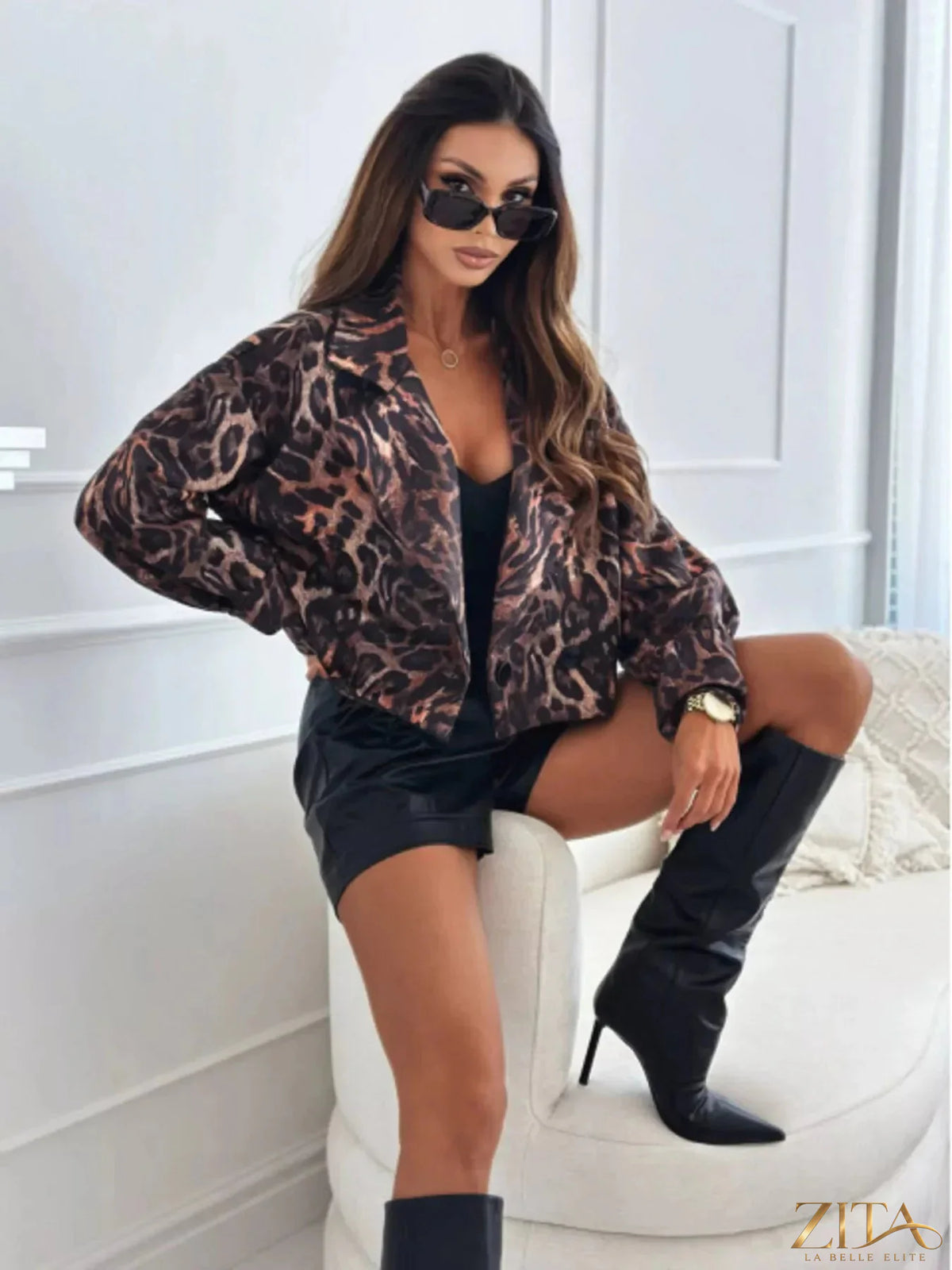 Leopard print cropped blazer from Zita La Belle Elite, tailored fit with classic lapel collar and stylish animal print design.
