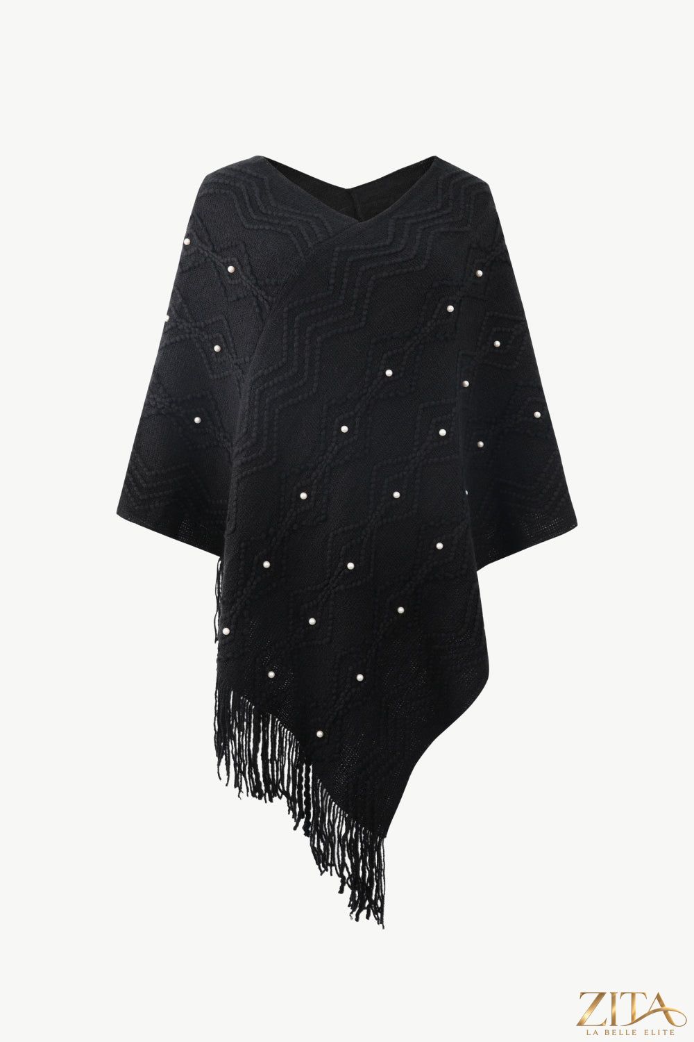 Pearl trim V-neck fringe hem poncho in soft fabric, featuring elegant pearl accents and stylish fringe detail.