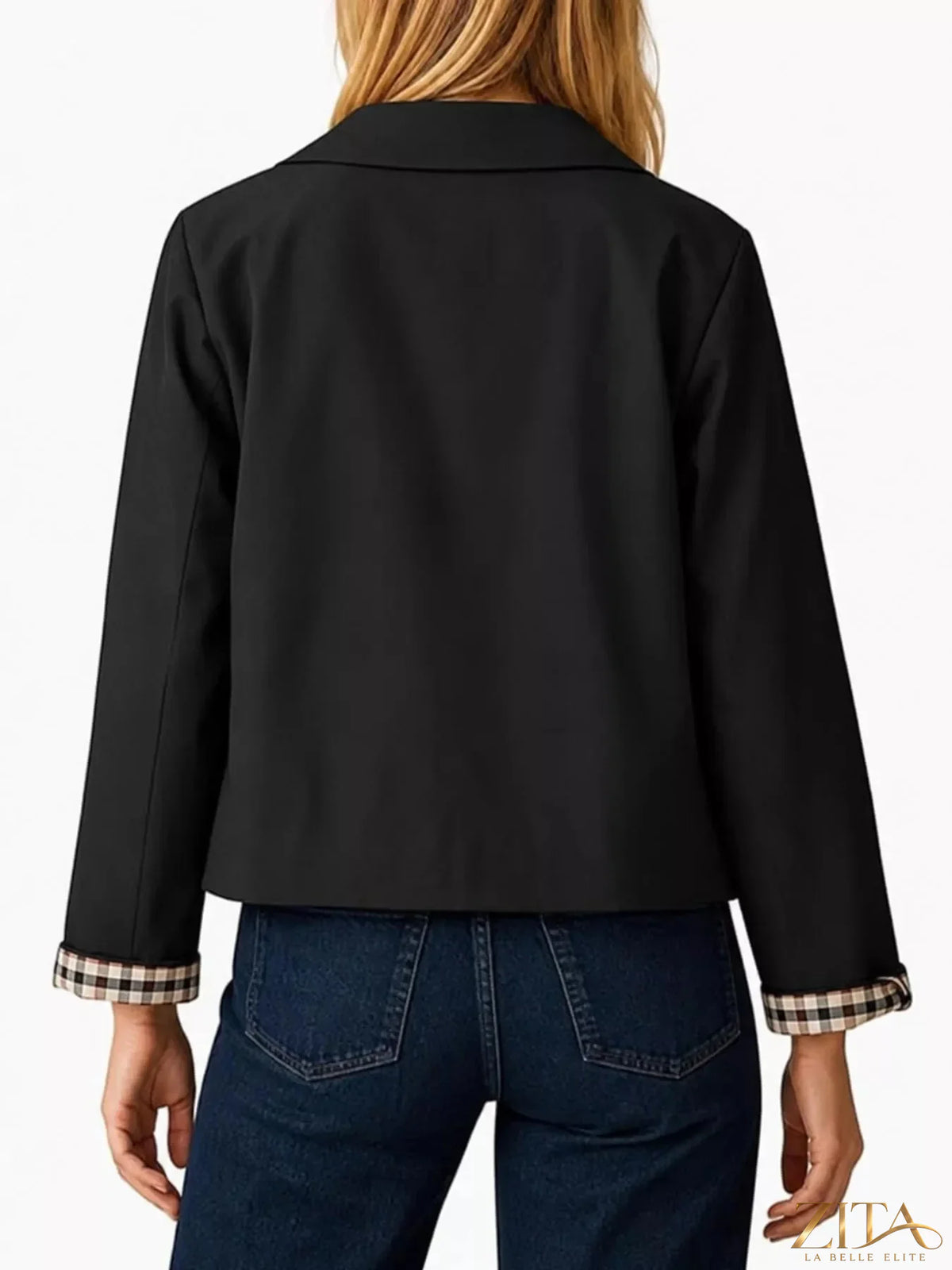 Zita La Belle Elite plaid cuffs cropped trench outerwear with stylish checkered pattern and button details.