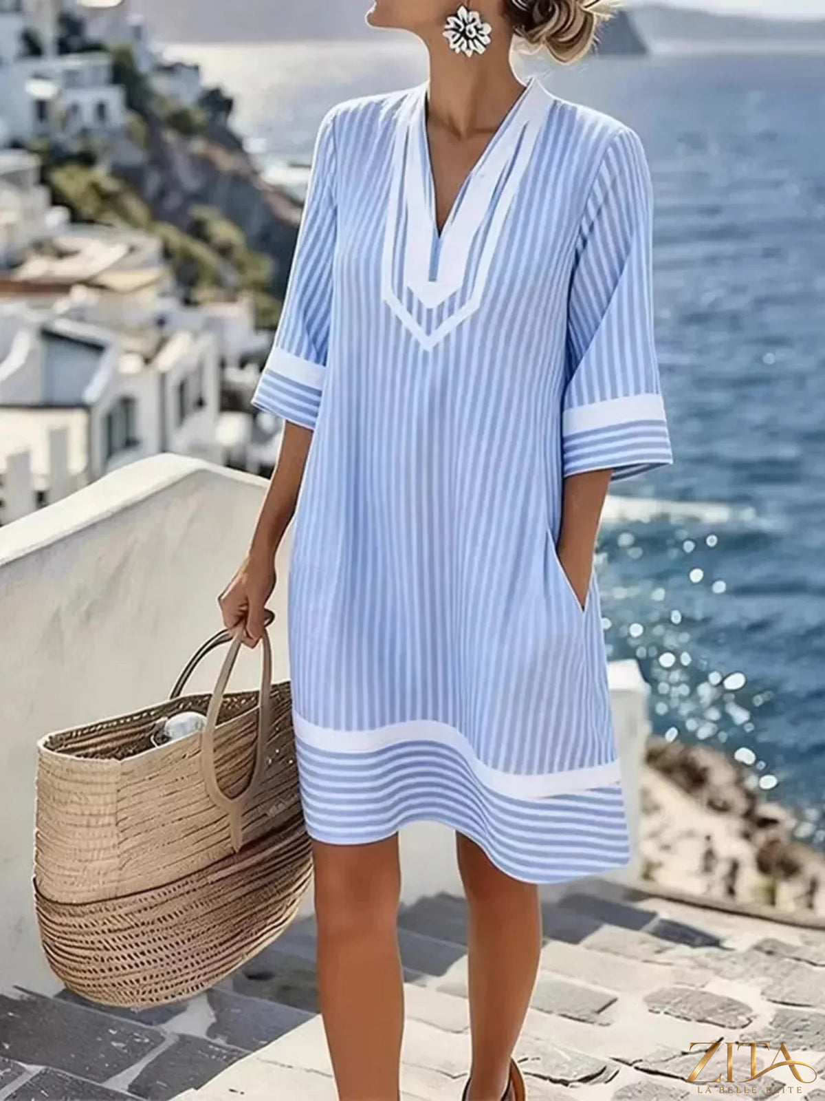 Plus size striped V-neck casual dress by Zita La Belle Elite, featuring a full-length design and comfortable fit.